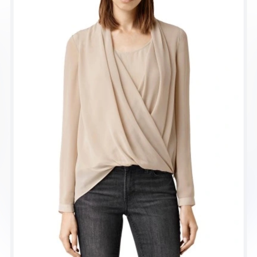 ALLSAINTS Abi Vik Silk Blend draped front assymetrical hem cream blouse size 8
